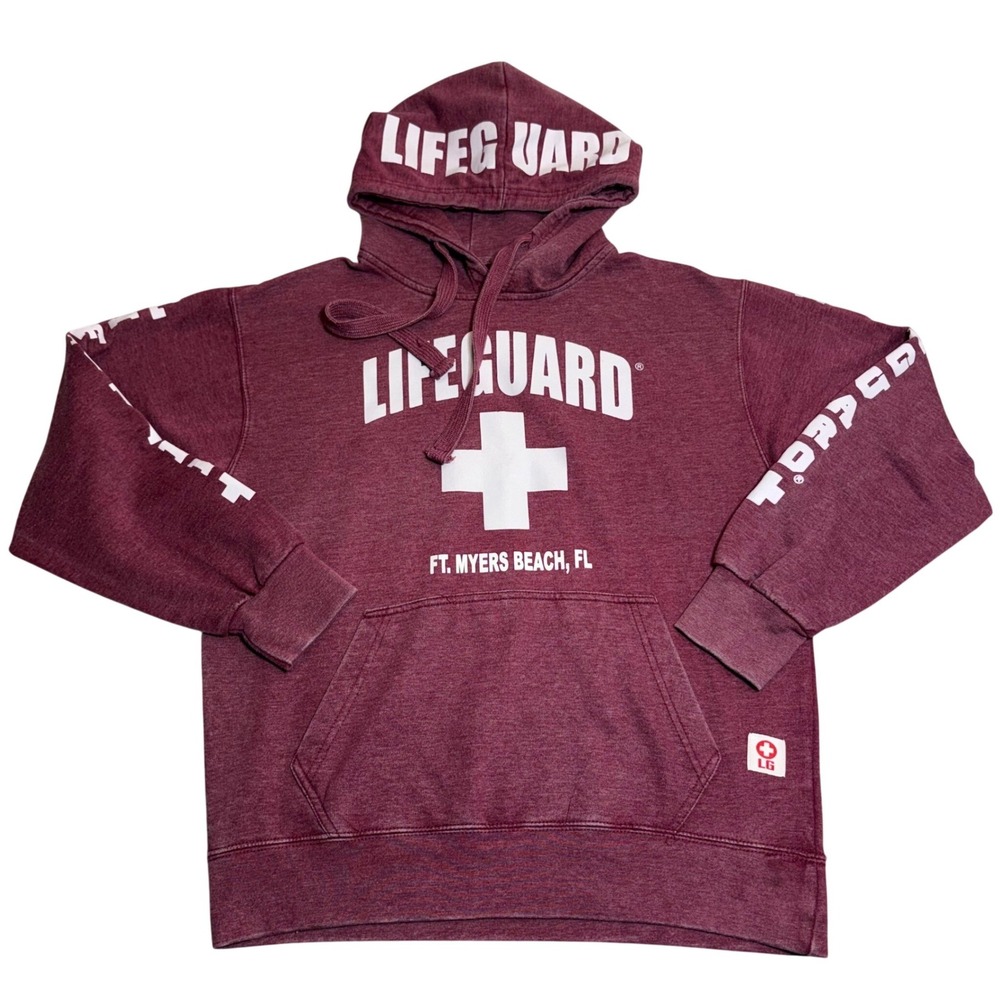 Lifeguard Hoodie Men's Medium Maroon Pop Surf Logo Pullover Cotton Sweater